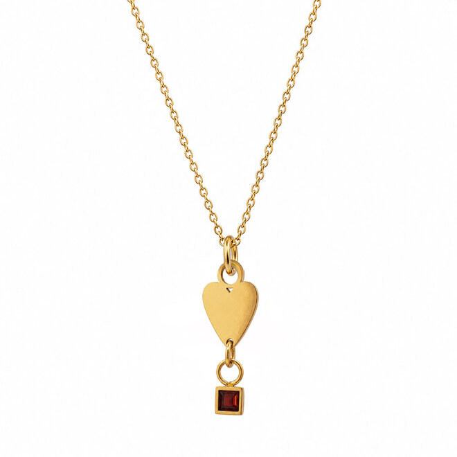 Ketting heart square diamond burgundy goud