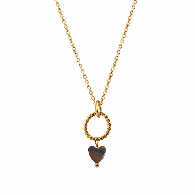 Ketting twisted ring heart tijgeroog goud