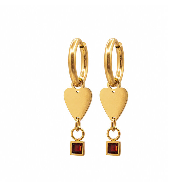 Oorringen heart square diamond burgundy goud