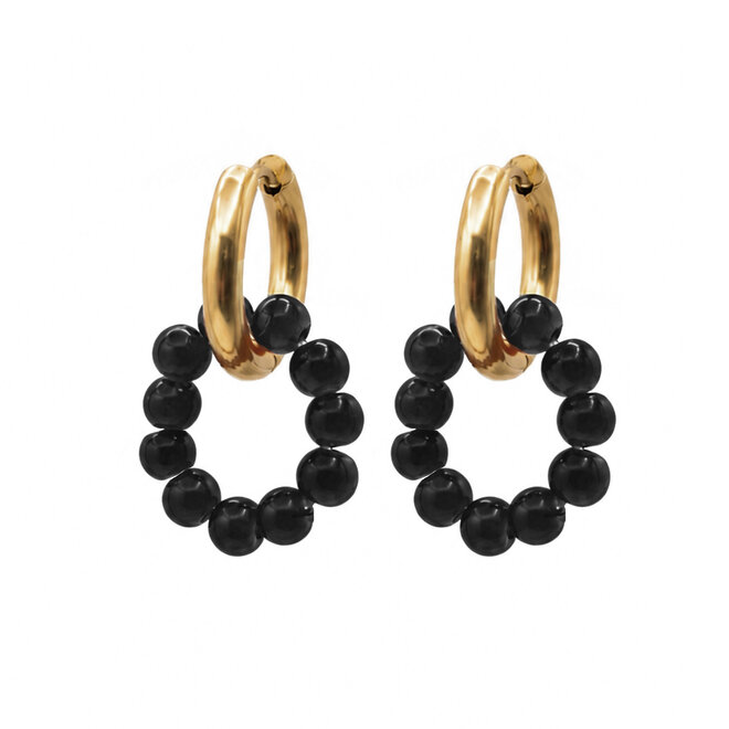 Oorringen beads open ring black goud