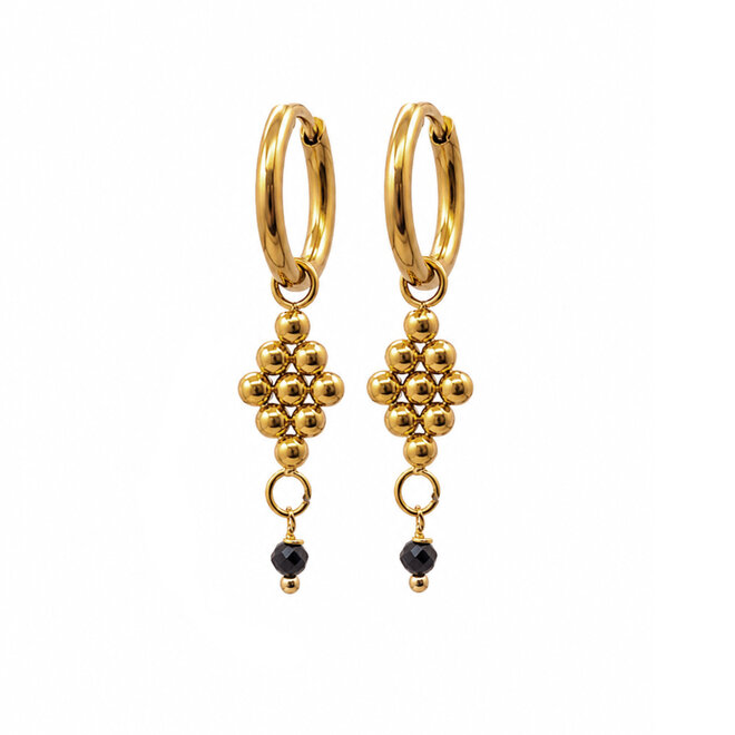 Oorringen ruit 3d bolletjes onyx goud