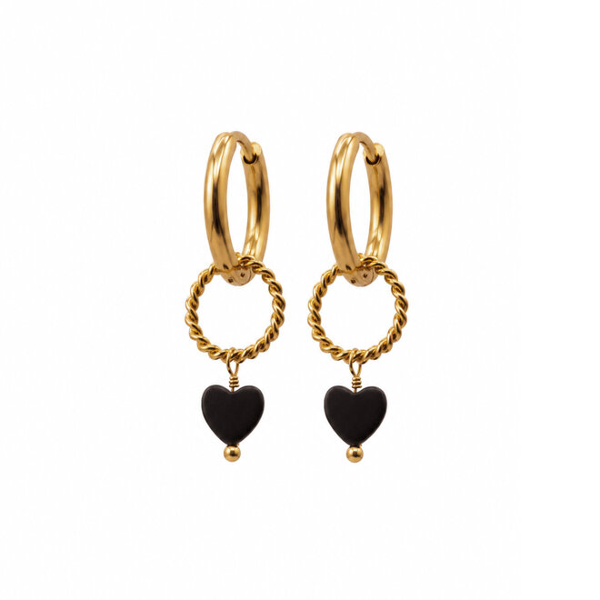 Oorringen (dots) twisted ring heart onyx goud