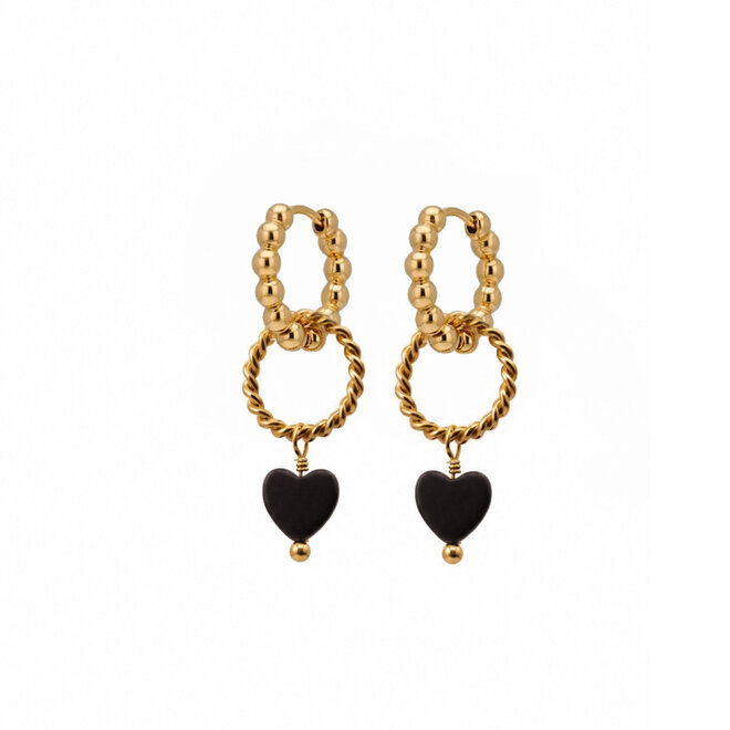 Oorringen (dots) twisted ring heart onyx goud