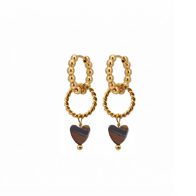 Oorringen (dots) twisted ring heart tijgeroog goud