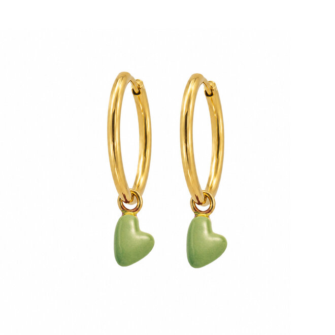 Oorringen big light green heart goud