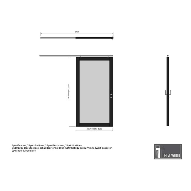 Steellook enkele schuifdeur - 120 x 227,4 cm