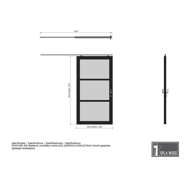 Steellook enkele schuifdeur - 120 x 227,4 cm
