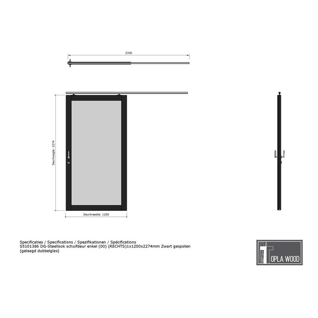 Steellook enkele schuifdeur - 120 x 227,4 cm