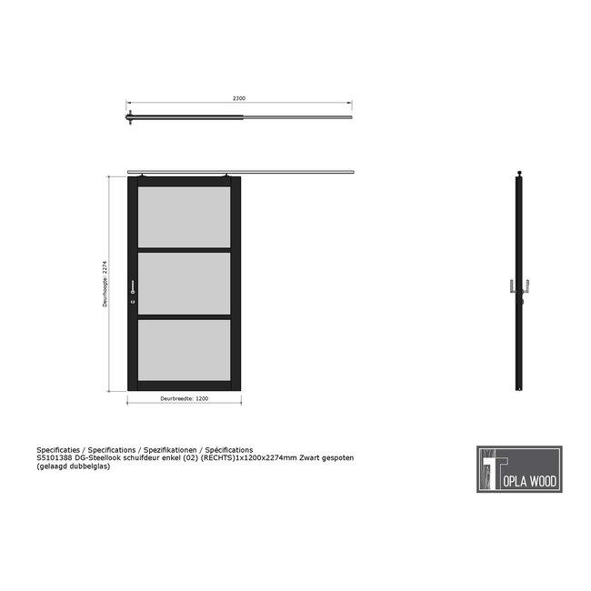 Steellook enkele schuifdeur - 120 x 227,4 cm