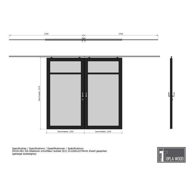 Steellook Dubbele schuifdeur 2 x 120 x 227,4 cm