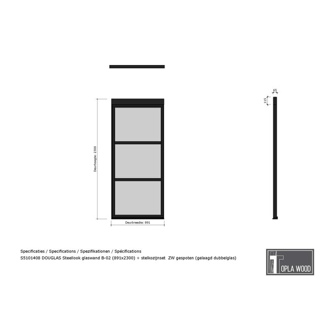 Steellook glaswand 891x2300 mm + stelkozijnset