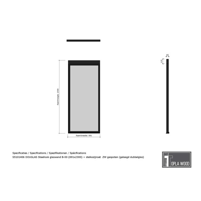 Steellook glaswand  891x2300 + stelkozijnset - Gelaagd dubbelglas