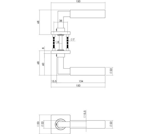 Intersteel Deurkruk Baustil op rozet verdekt 53x53x8mm met nokken rvs Intersteel Deurkruk Baustil op rozet verdekt 53x53x8mm met nokken rvs