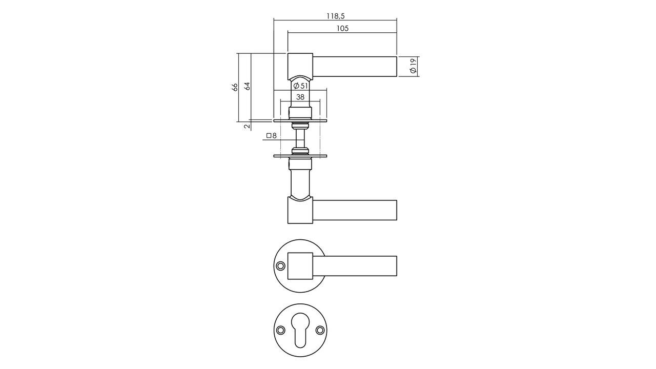 Deurkruk L/L recht met rozet Ø51x2mm rvs Deurkruk L/L recht met rozet Ø51x2mm rvs