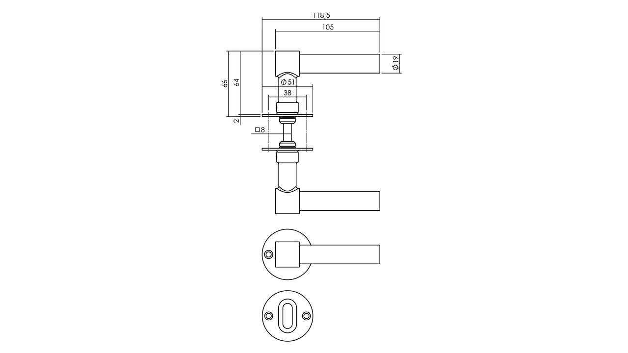 Deurkruk L/L recht met rozet Ø51x2mm rvs Deurkruk L/L recht met rozet Ø51x2mm rvs