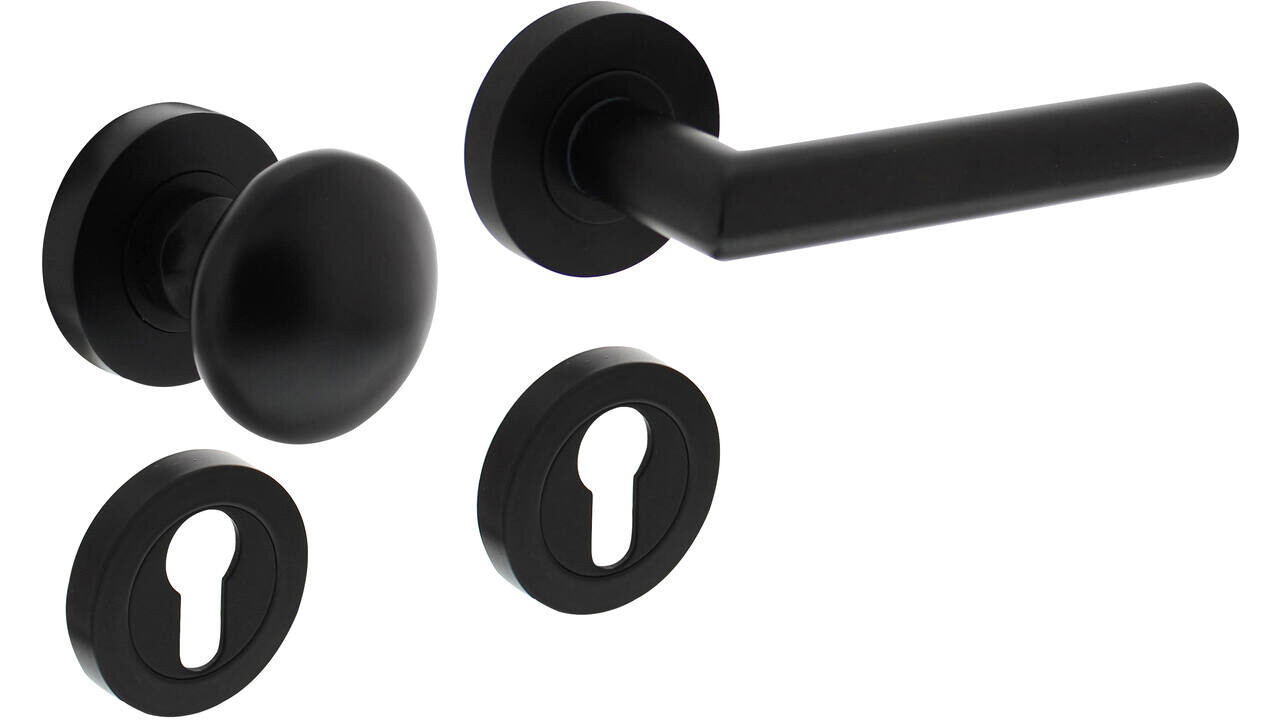 Intersteel Knop/kruk garnituur rechts Bastian op rozet verdekt ø52x10mm met nokken en cilinderrozetten zwart