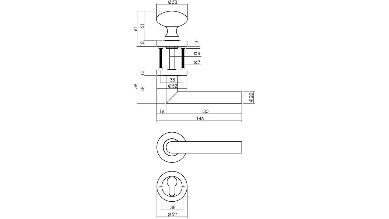Intersteel Knop/kruk garnituur rechts Bastian op rozet verdekt ø52x10mm met nokken en cilinderrozetten zwart