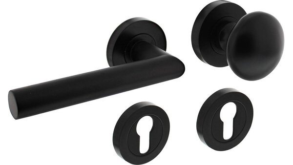 Intersteel Knop/kruk garnituur links Bastian op rozet verdekt ø52x10mm met nokken en cilinderrozetten zwart