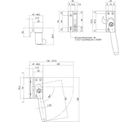 Intersteel SKG* afsluitbare raamsluiting inclusief sluitplaat met kom Ton 400 in diverse kleuren