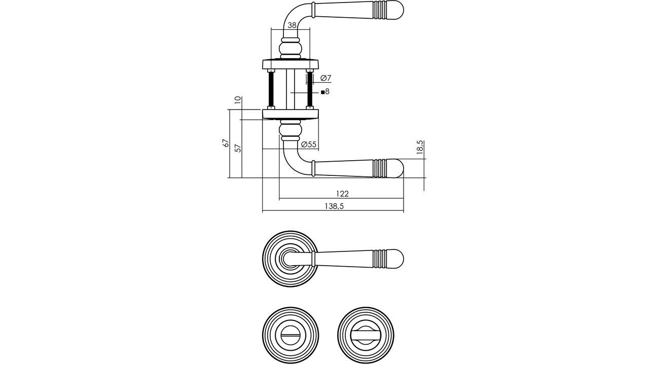Intersteel Deurkruk Helena op rozet verdekt met rillen ø55x10mm met nokken PVD messingkleur