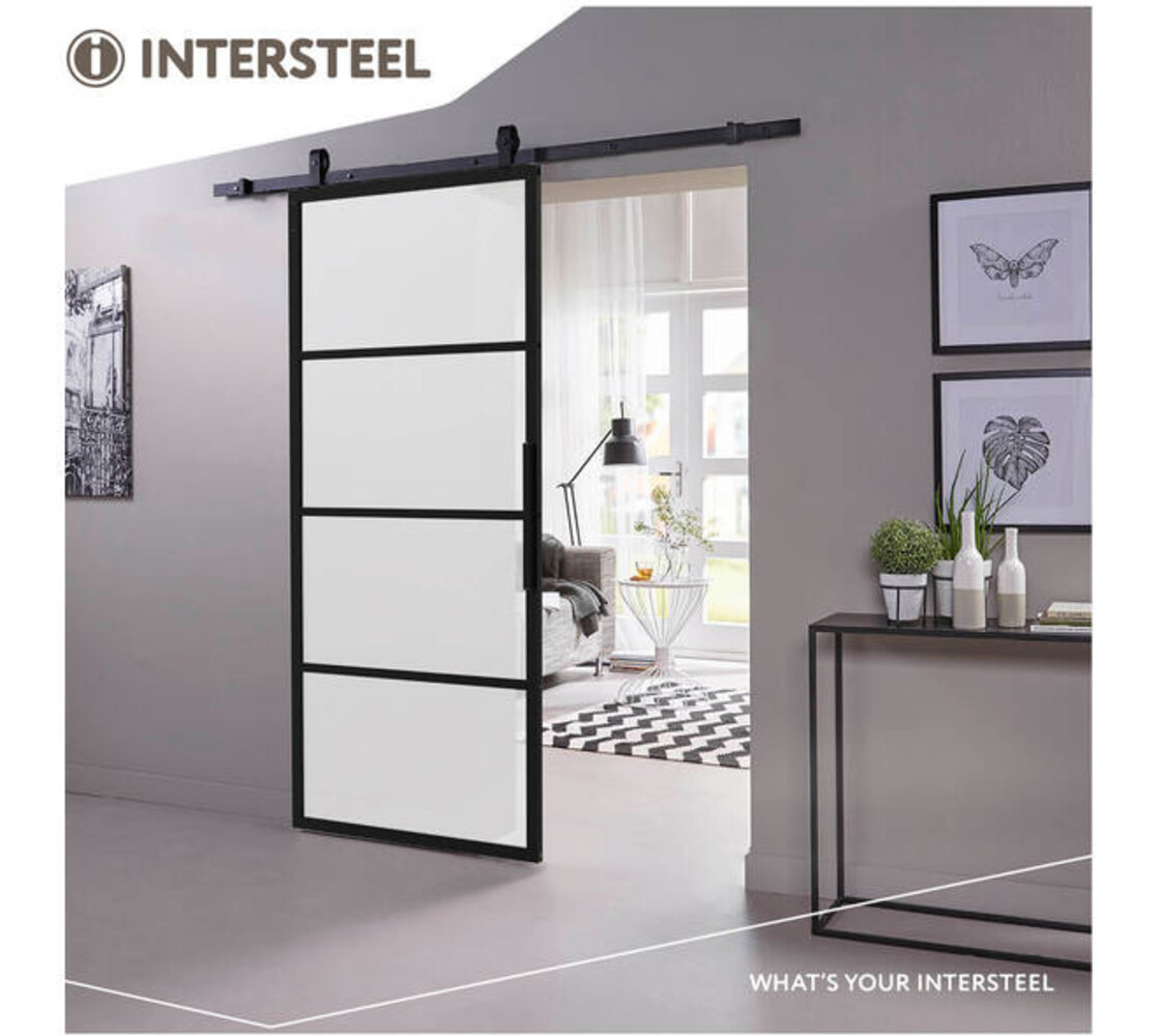 Intersteel DIY schuifdeur Cubo zwart incl. mat glas 980x2150x28mm + zwart ophangsysteem Basic-Top