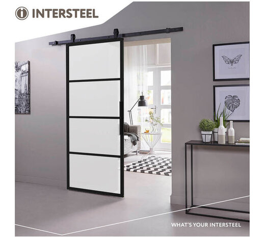 Intersteel DIY schuifdeur Cubo zwart incl. mat glas 980x2150x28mm + zwart ophangsysteem Basic-Top