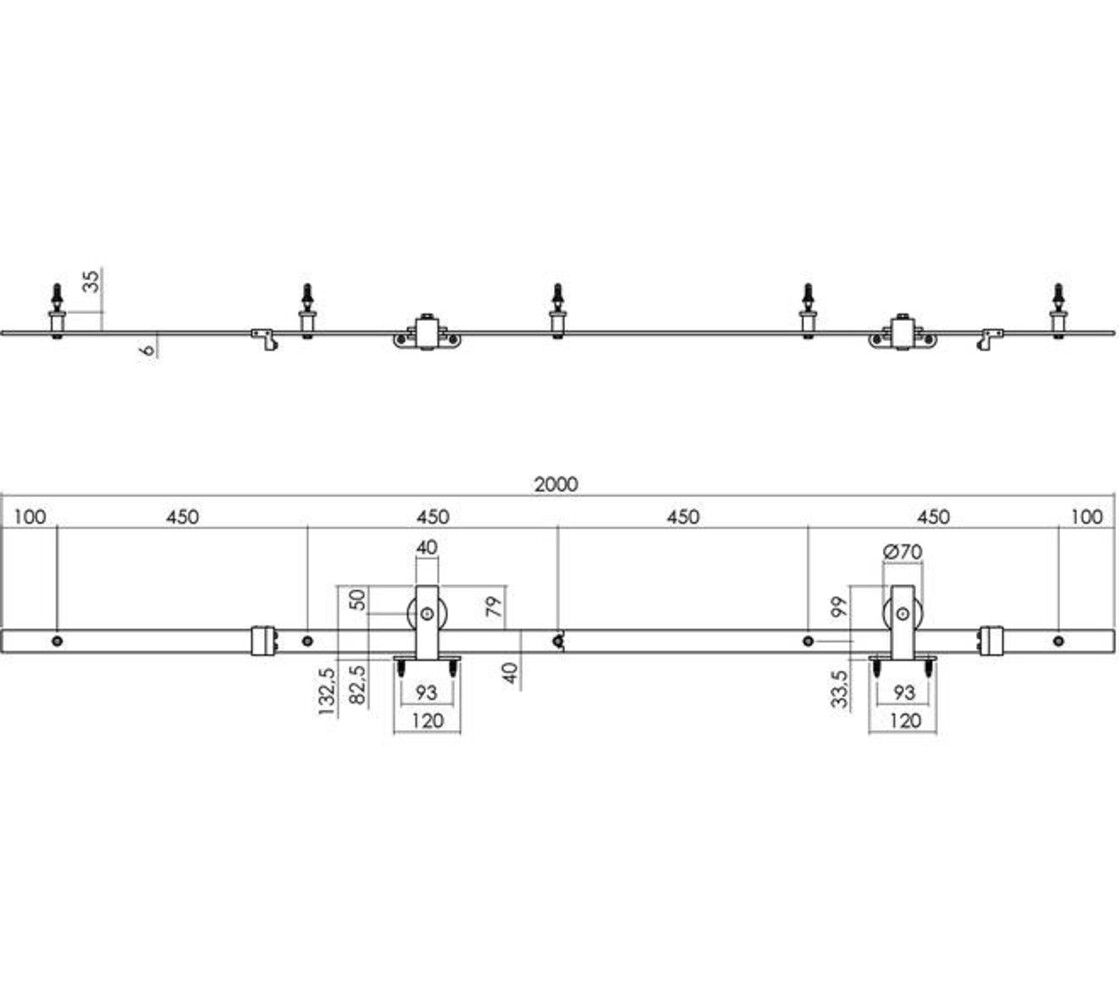 Intersteel Schuifdeursysteem 2x1 meter met hangrollen recht top 130mm zwart