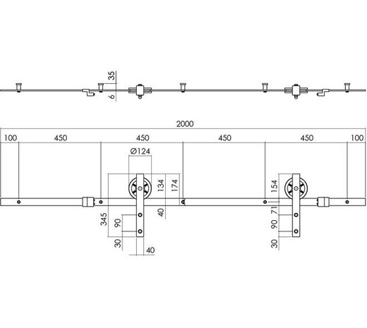Intersteel Schuifdeursysteem 2x1 meter met hangrollen spaakwiel 340mm zwart