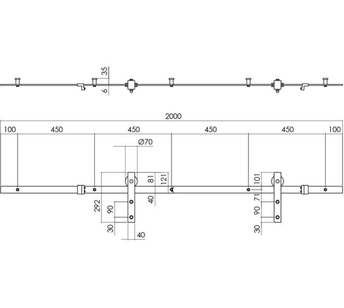 Intersteel Schuifdeursysteem 2x1 meter met hangrollen open wiel 255mm rvs