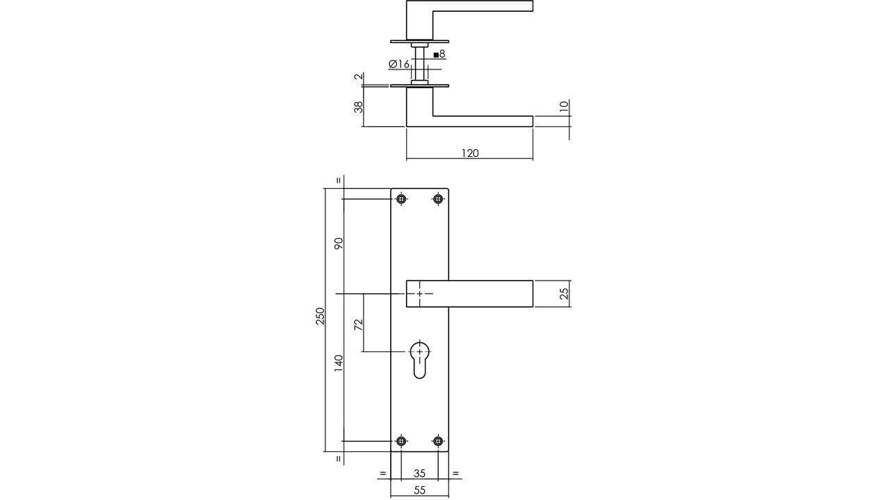Intersteel Deurkruk Amsterdam met schild rechthoekig 250x55x2mm blind rvs