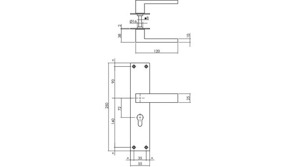 Intersteel Deurkruk Amsterdam met schild rechthoekig 250x55x2mm blind rvs