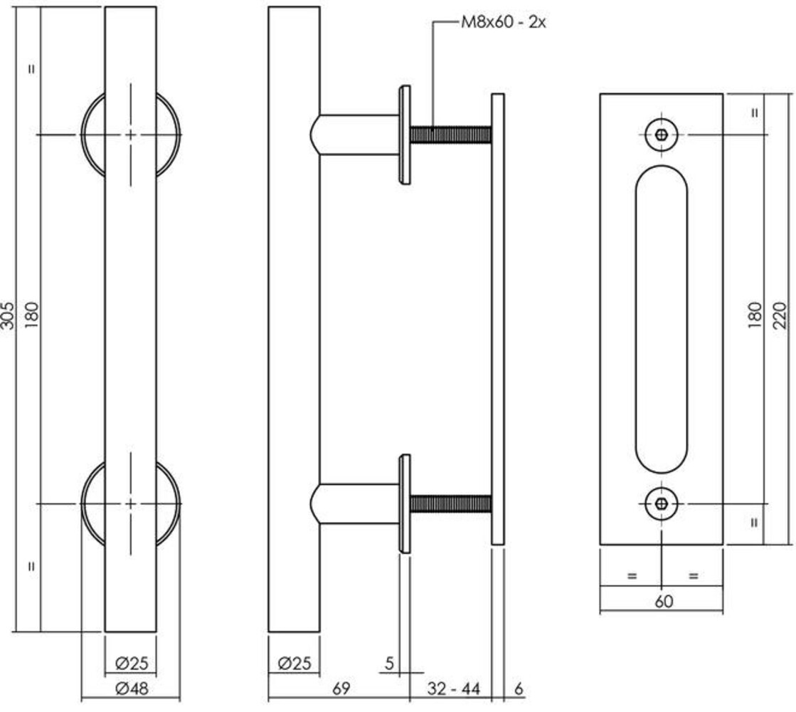 Intersteel  Deurgreep T-vorm ø25x305mm met schuifdeurkom 220x60mm zwart