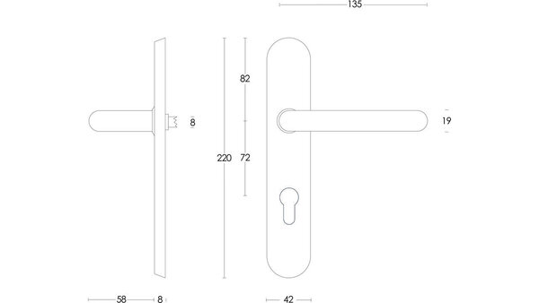 Intersteel Deurkruk Rond op schild verdekt ovaal 220x42mm blind rvs