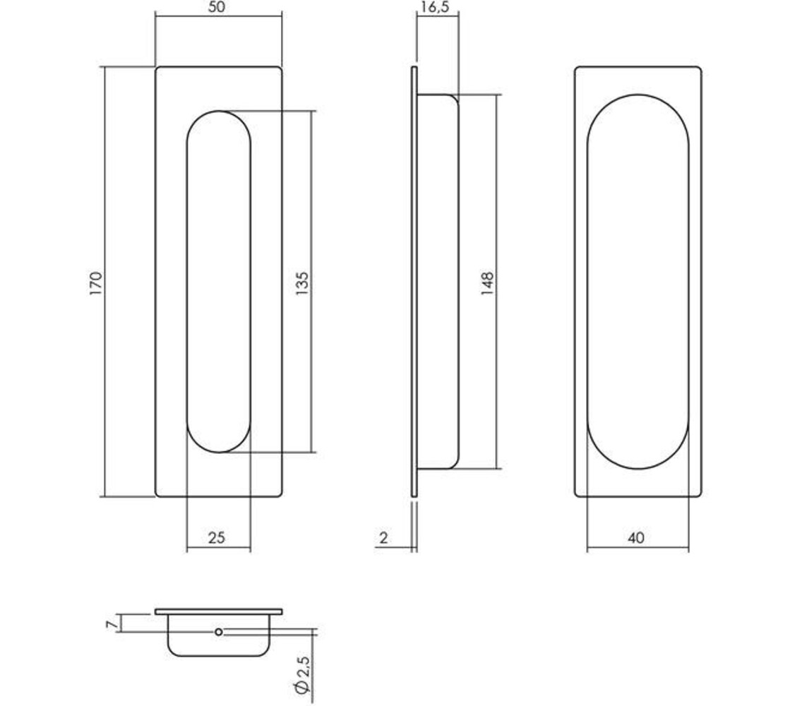 Intersteel  Schuifdeurkom rechthoekig 170x50mm verdekt rvs