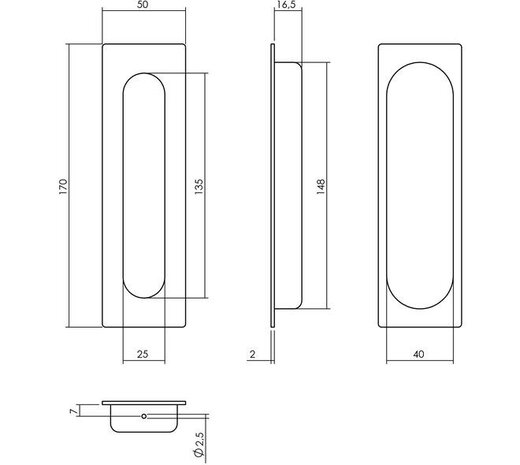 Intersteel  Schuifdeurkom rechthoekig 170x50mm verdekt rvs