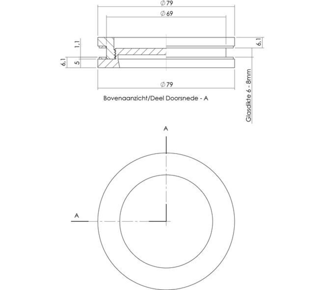 Intersteel  Schuifdeurkom tbv glasdeur ø55/ø79mm rvs  Schuifdeurkom tbv glasdeur ø55/ø79mm rvs