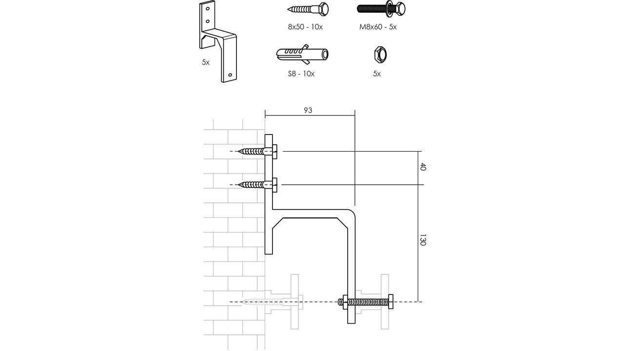 Intersteel  Set van 5 wandsteunen tbv parallel geplaatste schuifdeuren zwart