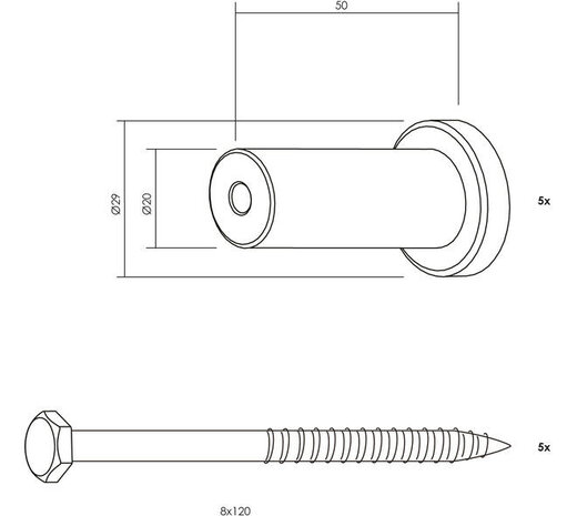 Intersteel Set van 5 verlengde ronde steunen 50mm tbv schuifdeurrail zwart