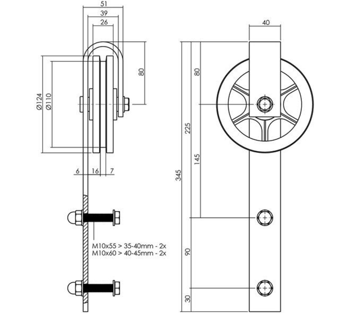 Intersteel Set van 2 rollers spaakwiel 340mm tbv schuifdeursysteem 450121 inclusief bevestiging zwart
