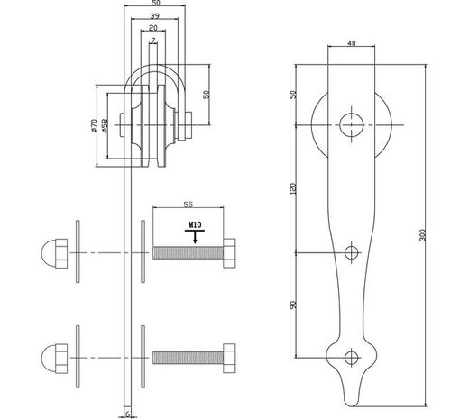 Intersteel Set van 2 rollers pijlvorm 290mm tbv schuifdeursysteem 450124 inclusief bevestiging zwart
