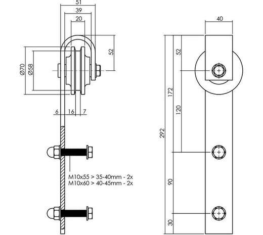 Intersteel Set van 2 rollers recht 290mm tbv schuifdeursysteem 450101 inclusief bevestiging rvs