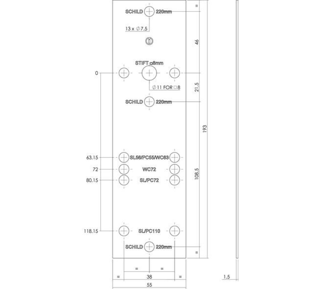 Intersteel  Boorsjabloon Intersteel tbv nokkengarnituren binnendeurbeslag RVS