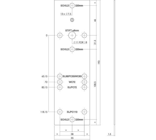Intersteel  Boorsjabloon Intersteel tbv nokkengarnituren binnendeurbeslag RVS