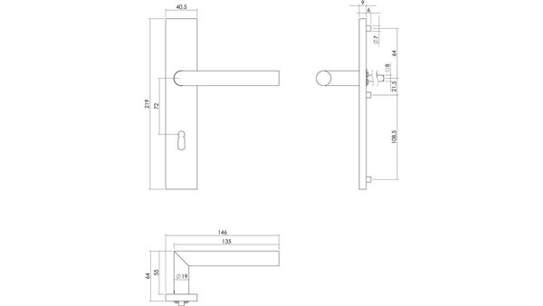 Intersteel Deurkruk Jura op schild verdekt rechthoekig 219x40mm met nokken rvs EN1906/4
