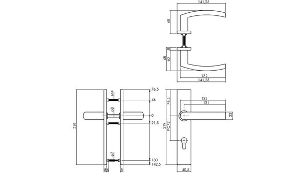 Intersteel Deurkruk Blok op schild verdekt rechthoekig 219x40mm met nokken rvs EN1906/4