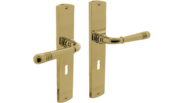 Intersteel Deurkruk Helena op schild afgerond 235x45mm PVD messingkleur