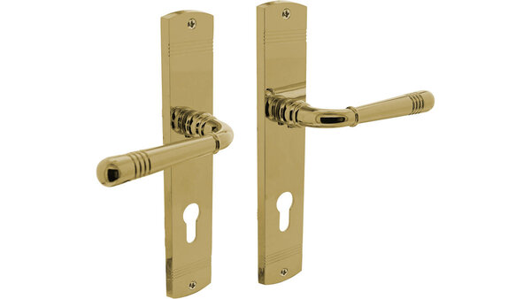 Intersteel Deurkruk Helena op schild afgerond 235x45mm PVD messingkleur