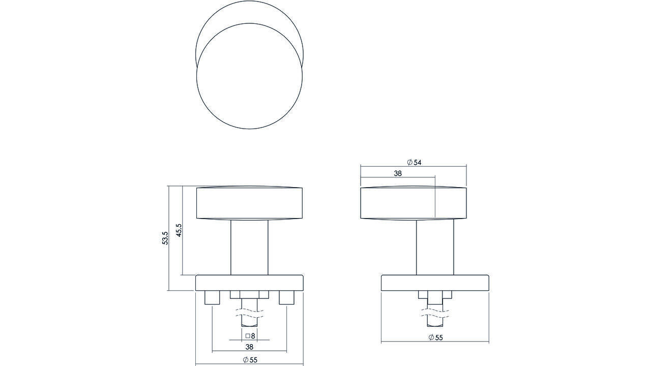 Intersteel Knoprozet verdekt ø55x8mm met nokken en vaste knop plat excentrisch met wisselstift rvs