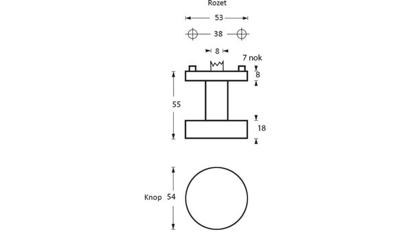 Intersteel Knoprozet verdekt ø53x8mm met nokken en vaste knop plat excentrisch met wisselstift rvs