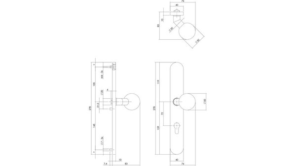 Intersteel Knopschild ovaal verdekt XL 278x40x10mm met nokken en vaste knop bol/schuin profielcilindergat 72mm rvs